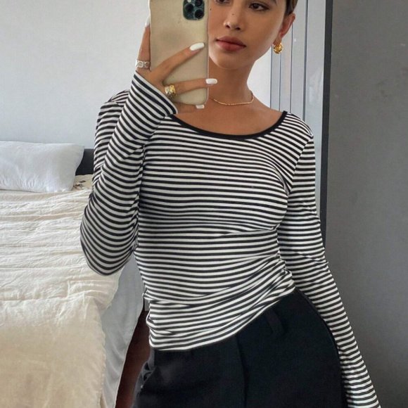 Striped long sleeve tee low scoop back white black - Picture 1 of 2